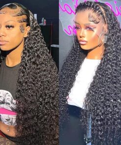 13x6 Deep Wave Lace Front Wigs Human Hair Wigs HD Transparent Deep Curly Lace Frontal Glueless Wigs Human Hair Lace Front Wigs Pre Plucked 150% Density Natural Black 24 Inch