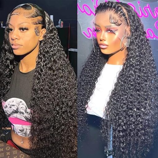 13x6 Deep Wave Lace Front Wigs Human Hair Wigs HD Transparent Deep Curly Lace Frontal Glueless Wigs Human Hair Lace Front Wigs Pre Plucked 150% Density Natural Black 24 Inch