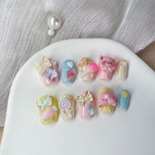 Handmade Colorful Piggy Candy False Nail Short Coffin Press on Nail for Nail Art