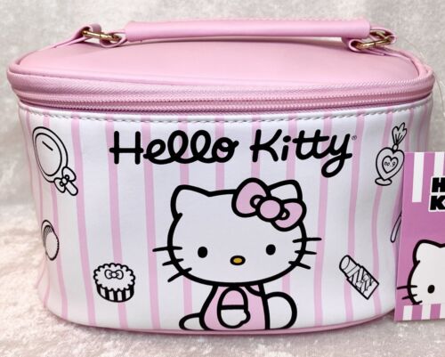 Hello Kitty Travel Make Up Bag Cosmetic Case PU Leather Pink Striped w/ Gold NWT