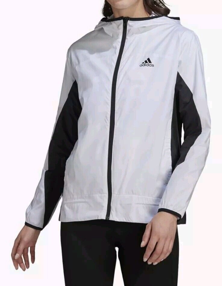 Adidas Running Jacket For Women Size Large White Wind Dry Lightweight Hooded A3