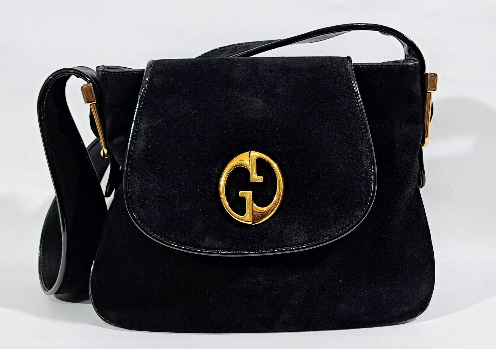 GUCCI Vintage Hand Shoulder Bag Leather Black Suede Gold Hardware 251809