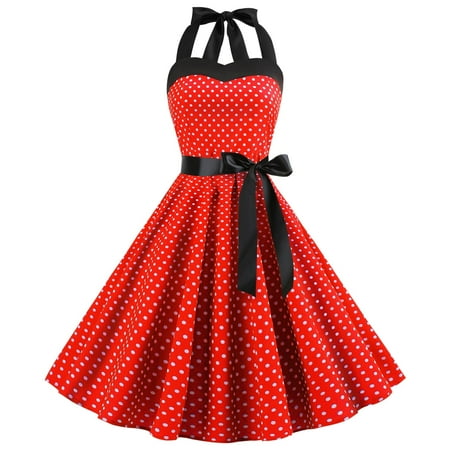 IBTOM CASTLE Women's Vintage Polka Dress 1950s Halter Retro Cocktail Prom Dress Rockabilly Wedding 50's 60's Party Dress M Red