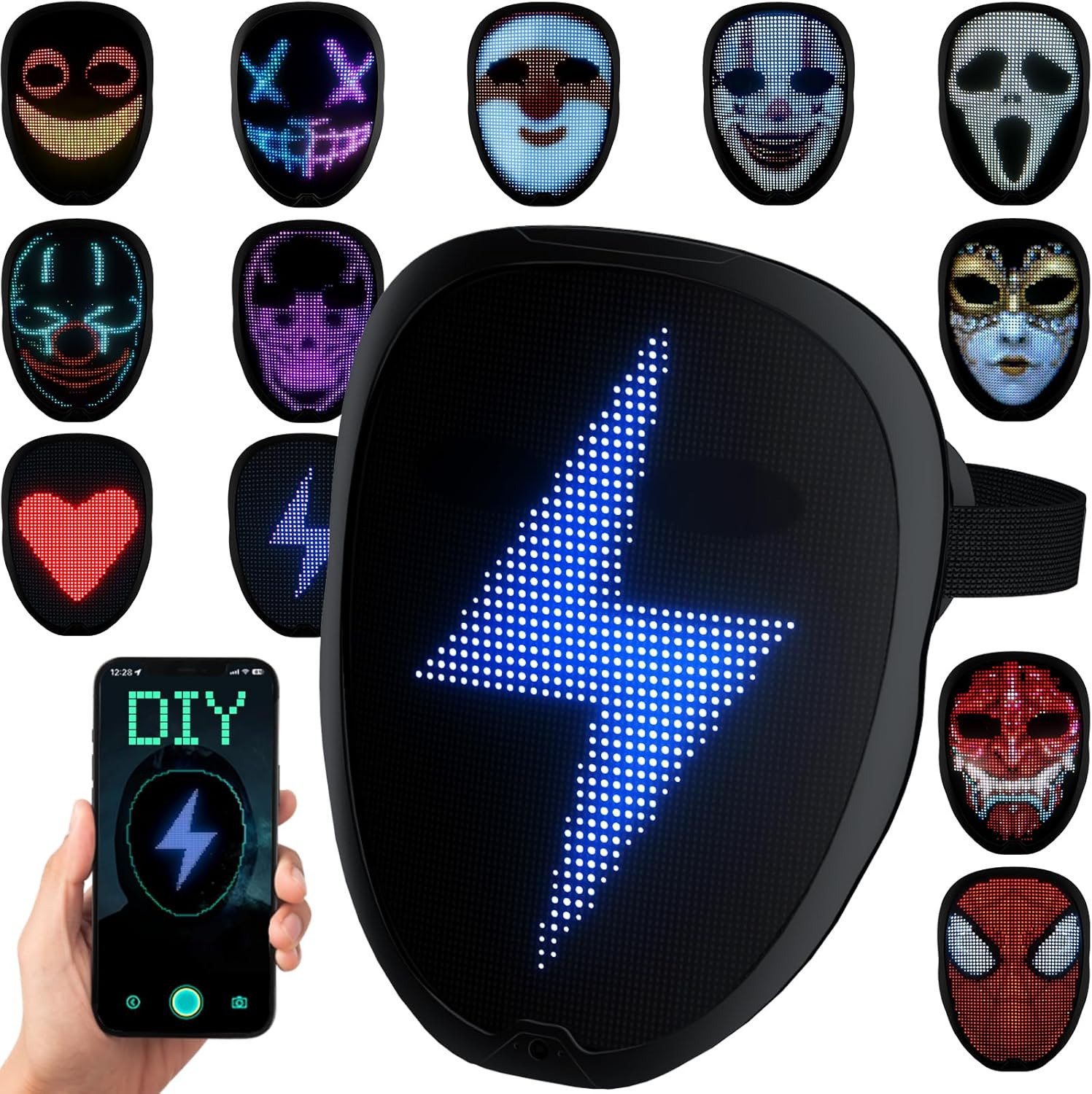 LED Mask with Programmable App & Gesture Sensing, DIY Unisex LED Lighted Face Tr