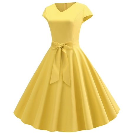 Wioihee Women Vintage 1950S Dress Retro Cocktail Party Swing Dresses with Cap Sleeves Yellow 8(XL)